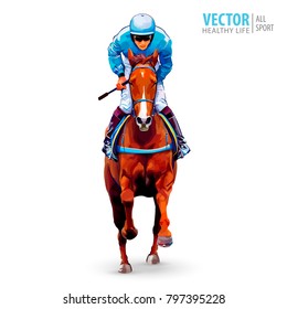 Jockey on horse. Champion. Horse racing. Hippodrome. Racetrack. Jump racetrack. Horse riding. Racing horse coming first to finish line. Isolated on white background. Vector illustration.