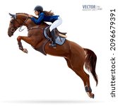 Jockey on horse. Champion. Horse riding. Equestrian sport. Jockey riding jumping horse. Poster. Sport background. Isolated Vector Illustration