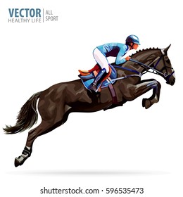 Jockey on horse. Champion. Horse riding. Equestrian sport. Jockey riding jumping horse. Poster. Sport background. Isolated Vector Illustration.