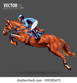 Jockey on horse. Champion. Horse riding. Equestrian sport. Jockey riding jumping horse. Poster. Sport background. Vector Illustration.