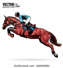 Jockey on horse. Champion. Horse riding. Equestrian sport. Jockey riding jumping horse. Sport. Pop art style vector illustration. Comic book style imitation. Vintage retro style.