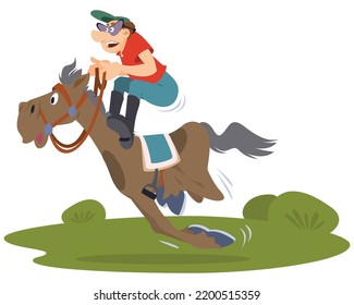 Jockey on horse. Funny rider at races. Funny people. Illustration concept template for website, web landing page, banner, presentation, social, poster, promotion or print media.