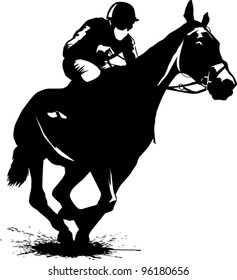 jockey on a horse involved in racing at the track (illustration);