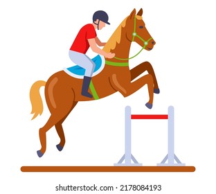 a jockey on a horse jumps over an obstacle over a barrier at a racetrack. flat vector illustration.