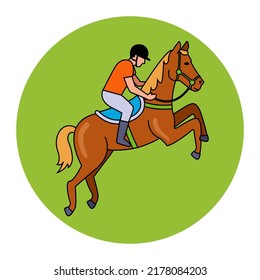 a jockey on a horse jumps over an obstacle over a barrier at a racetrack. flat vector illustration.