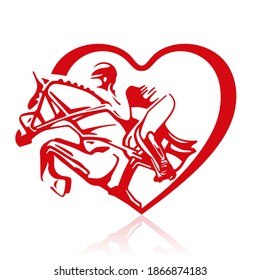 Jockey On Horse. Logo.  Heart. Horse Jumping. Equestrian Events. Show Jumping Competition. Sport. Vector Illustration