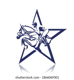 Jockey on horse. Logo. Star. Horse Jumping. Equestrian Events. Show Jumping Competition. Sport. Vector Illustration