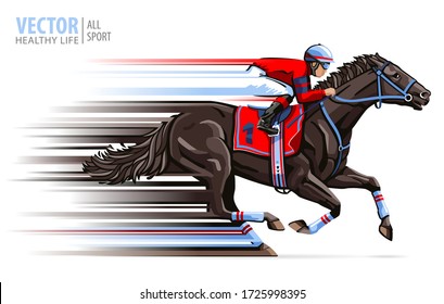 Jockey on horse race. Sport. Racehorse. Hippodrome. Racetrack. Equestrian. Derby. Speed. Isolated on white background. Vector illustration