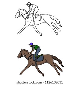 Jockey on horse vector illustration sketch doodle hand drawn with black lines isolated on white background