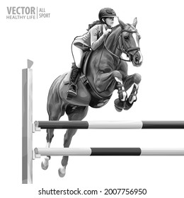 Jockey on horse. White Horse. Champion. Horse riding. Equestrian sport. Jockey riding jumping horse. Poster. Sport background. Isolated Vector Illustration