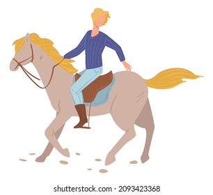 Jockey on horseback, male character training and improving skills of riding. Club or farm with horses or pony, purebred and stallions for speedy race. Rider in saddle on ranch. Vector in flat