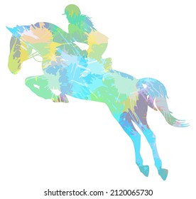 Jockey on jumping horse, equestrian sport. Colorful Splash blot. Vector illustration