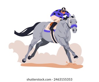 Jockey en caballo de carreras. Caballo a caballo en acción. Deporte equino, carreras en la pista. Ecuestre, jinete a caballo, semental, galopando rápido. Ilustración vectorial plana aislada sobre fondo blanco