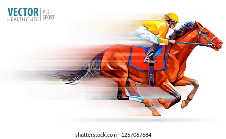 Jockey sobre caballo de carreras. Campeón. Hipódromo. Racetrack. Caballo. Ilustración vectorial. Derby. Velocidad. Movimiento borroso. Aislado sobre fondo blanco