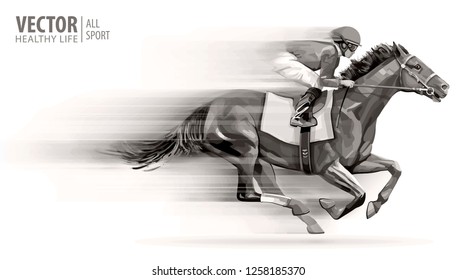 Jockey on racing horse. Champion. Hippodrome. Racetrack. Horse riding. Vector illustration. Derby. Speed. Blurred movement. Isolated on white background