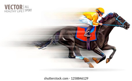Jockey on racing horse. Champion. Hippodrome. Racetrack. Horse riding. Vector illustration. Derby. Speed. Blurred movement. Isolated on white background
