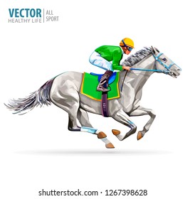 Jockey on racing horse. Champion. Hippodrome. Racetrack. Jump racetrack. Horse riding. Vector illustration. Derby. Isolated on white background