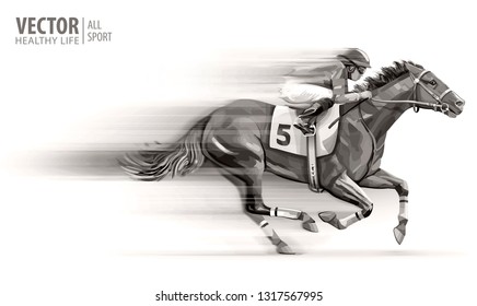 Jockey on racing horse. Champion. Hippodrome. Racetrack. Horse riding. Vector illustration. Derby. Speed. Blurred movement. Isolated on white background