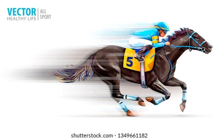 Jockey on racing horse. Champion. Hippodrome. Racetrack. Horse riding. Derby. Speed. Blurred movement. Isolated on white background. Vector illustration