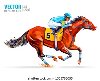 Jockey on racing horse. Derby. Sport. Vector illustration isolated on white background