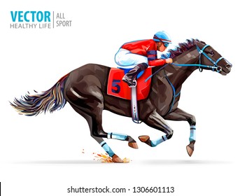 Jockey on racing horse. Derby. Sport. Vector illustration isolated on white background