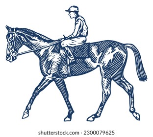 Jockey sobre caballo de carreras: ilustración vectorial dibujada a mano