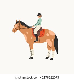 Jockey on racing Horse. Horseback riding, hippodrome racing, equestrian sport concept. Hand drawn colorful Vector illustration. Cartoon style, flat design. Isolated on white. Logo design template