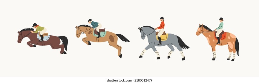 Jockey on racing Horse. Horseback riding, hippodrome racing, equestrian sport concept. Hand drawn Vector set. Colorful illustration. Cartoon style, flat design. Isolated on white. Logo design template