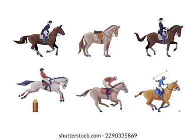 Jockey on Racing Horse Riding on Horseback in Saddle as Equestrian Sport Vector Set