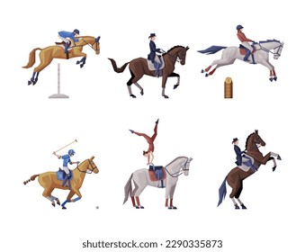 Jockey on Racing Horse Riding on Horseback in Saddle as Equestrian Sport Vector Set