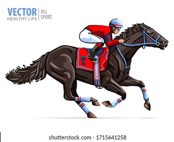 Jockey on racing horse. Sport. Champion. Hippodrome. Racetrack. Equestrian. Derby. Speed. Isolated on white background. Vector illustration