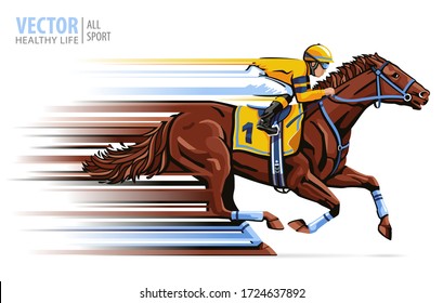 Jockey on racing horse. Sport. Champion. Hippodrome. Racetrack. Equestrian. Derby. Speed. Isolated on white background. Vector illustration