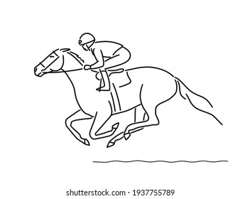 Jockey on racing horse, vector simple line illustration