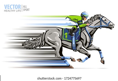 Jockey on racing white horse. Sport. Champion. Hippodrome. Racetrack. Equestrian. Derby. Isolated on white background. Vector illustration
