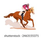 Jockey on sports racehorse. Equestrian, horse rider. Galloping stallion in action, racing rushing fast on track. Horseman riding horseback. Flat vector illustration isolated on white background