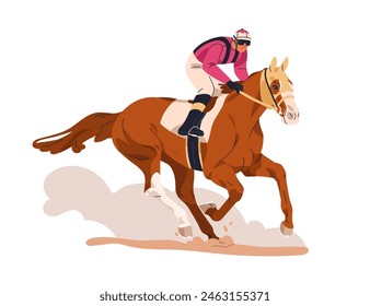 Jockey on sports racehorse. Equestrian, horse rider. Galloping stallion in action, racing rushing fast on track. Horseman riding horseback. Flat vector illustration isolated on white background