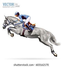 Jockey on white horse. Champion. Horse riding. Equestrian sport. Jockey riding jumping horse. Poster. Sport background. Isolated vector illustration.