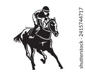 A jockey races his horse, suitable for the logo of a racing club, stable and training, as well as horse racing events