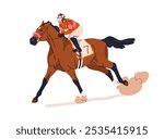 Jockey racing fast on horse. Rider galloping on stallion, racehorse horseback during equestrian competition, betting sport. Horseracing. Flat vector illustration isolated on white background