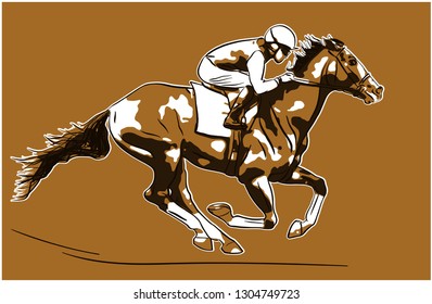 Jockey racing on a horse, vector poster.