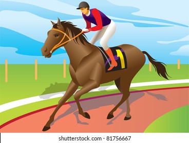 jockey ride with brown horse - vector illustration