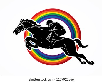 Jockey riding horse, hose racing designed on line rainbows background graphic vector.