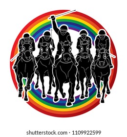 Jockey riding horse, hose racing designed on line rainbows background graphic vector.