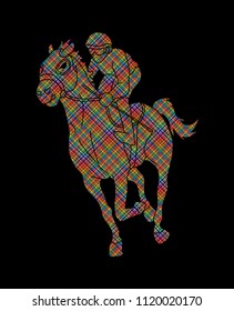 Jockey riding horse, hose racing designed using colorful pixels graphic vector.