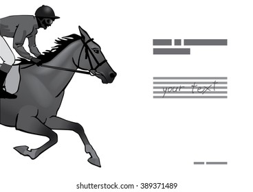 Jockey riding a horse. Horse races. Competition. Silhouettes on a white background.