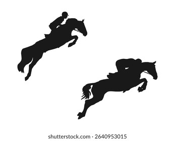 Jockey riding a jumping horse silhouettes vector. equestrianism horse and rider jump black silhouette. Horse and jockey jumping vector silhouette set.