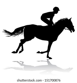 Jockey riding on horseback. Horse racing. Competition. Silhouette on a white background. 