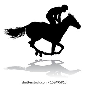 Jockey riding on horseback. Horse racing. Competition. Silhouette on a white background. 