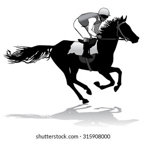 Jockey riding on horseback. Horse racing. Competition. Silhouette on a white background. 