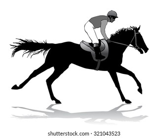 Jockey riding on horseback. Horse racing. Competition. Silhouette on a white background. 